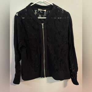 CHICO’S Women’s Full Zip Black Lace Collarless Jacket Sz 2